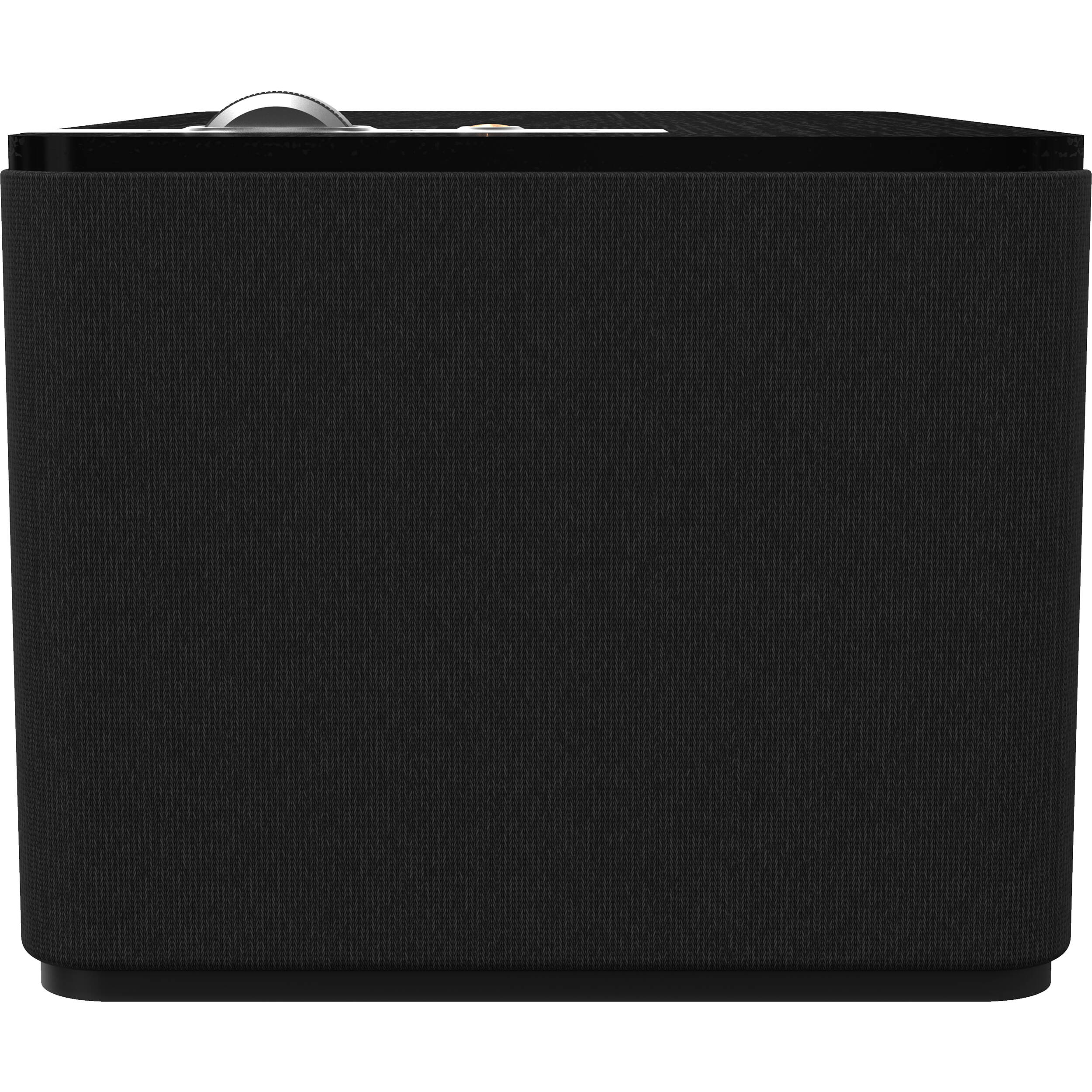 Wireless speaker from Klipsch The Three Plus with wood finish and modern design, showing the front grille and control buttons.