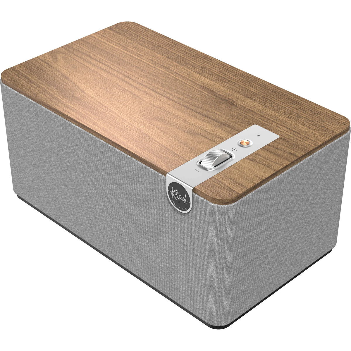 Wireless Klipsch The Three Plus speaker with wooden finish and control knobs, showcasing its vintage-inspired design and compact size.