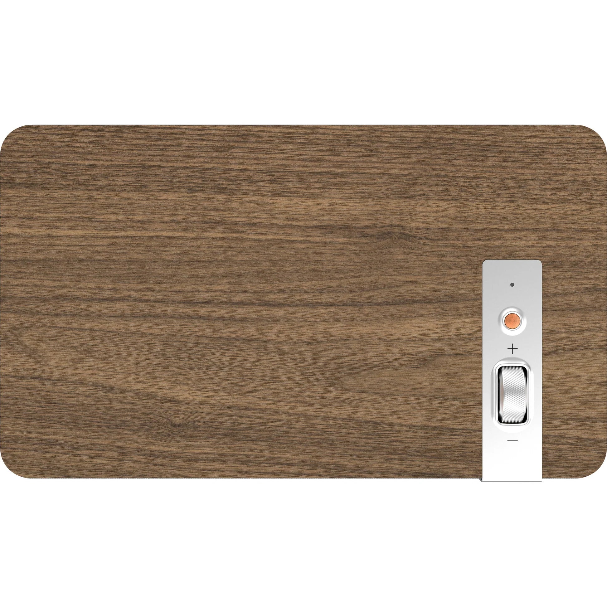Wireless Klipsch The Three Plus speaker with wooden cabinet and control knobs, showcasing modern audio design.