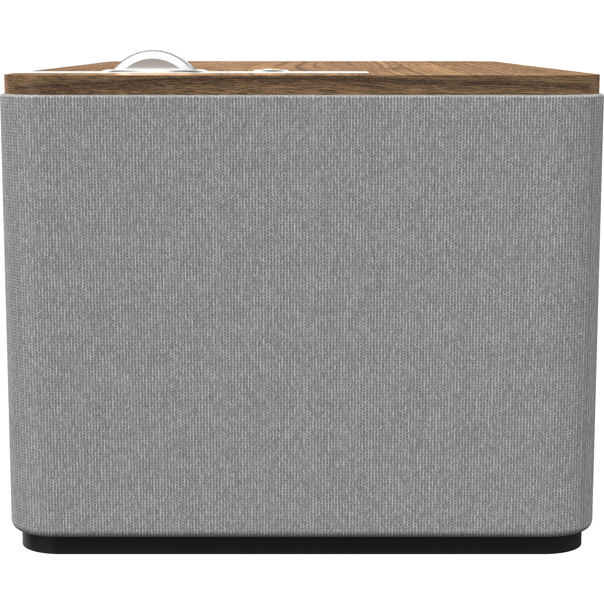Wireless Klipsch The Three Plus speaker with wooden cabinet, touchscreen display, and modern design.