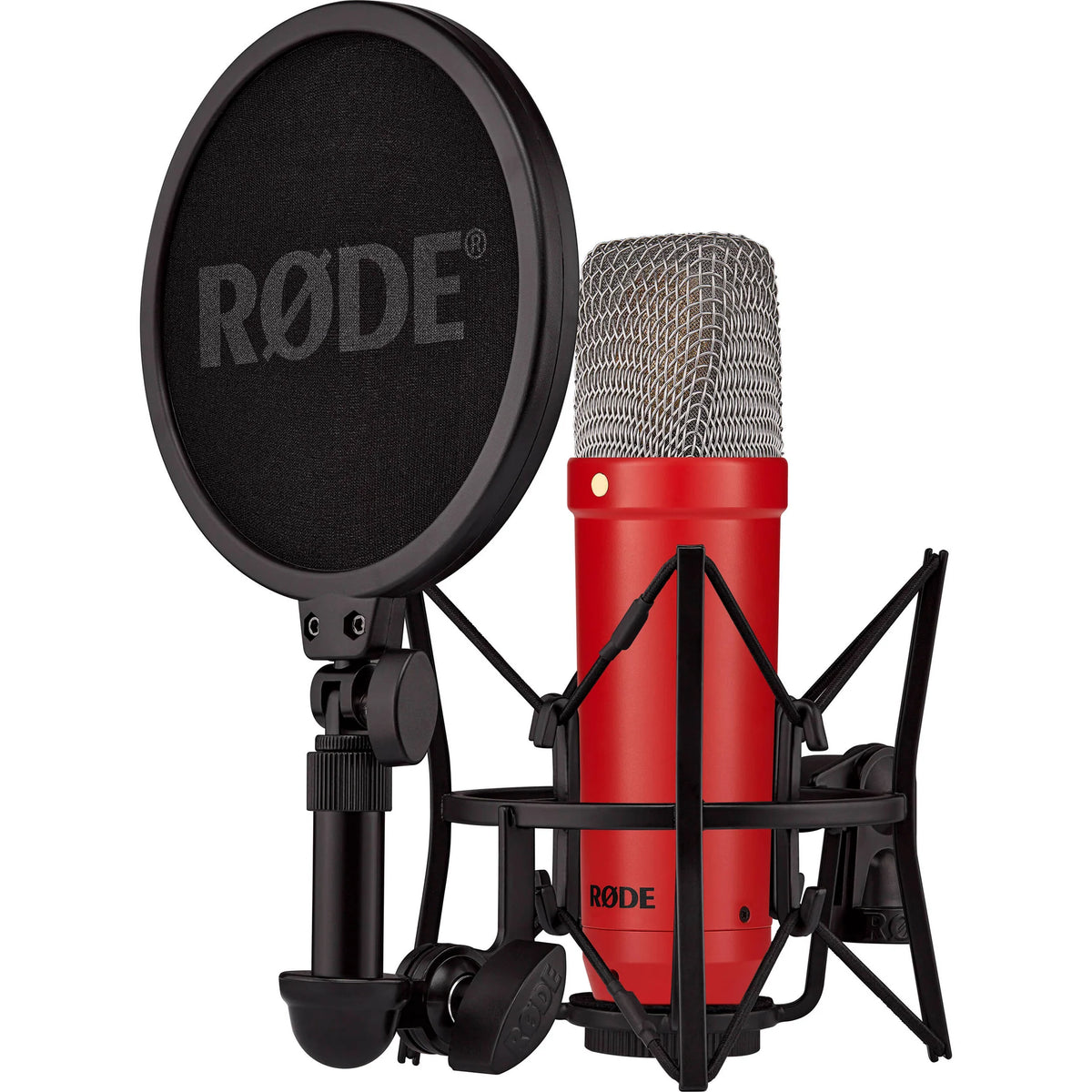 Rode NT1 Signature Series condenser microphone showing a sleek black design with a metal grille for studio recording.