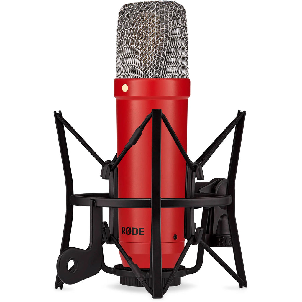 Rode NT1 Signature Series condenser microphone with black finish and shock mount, designed for professional studio recording.