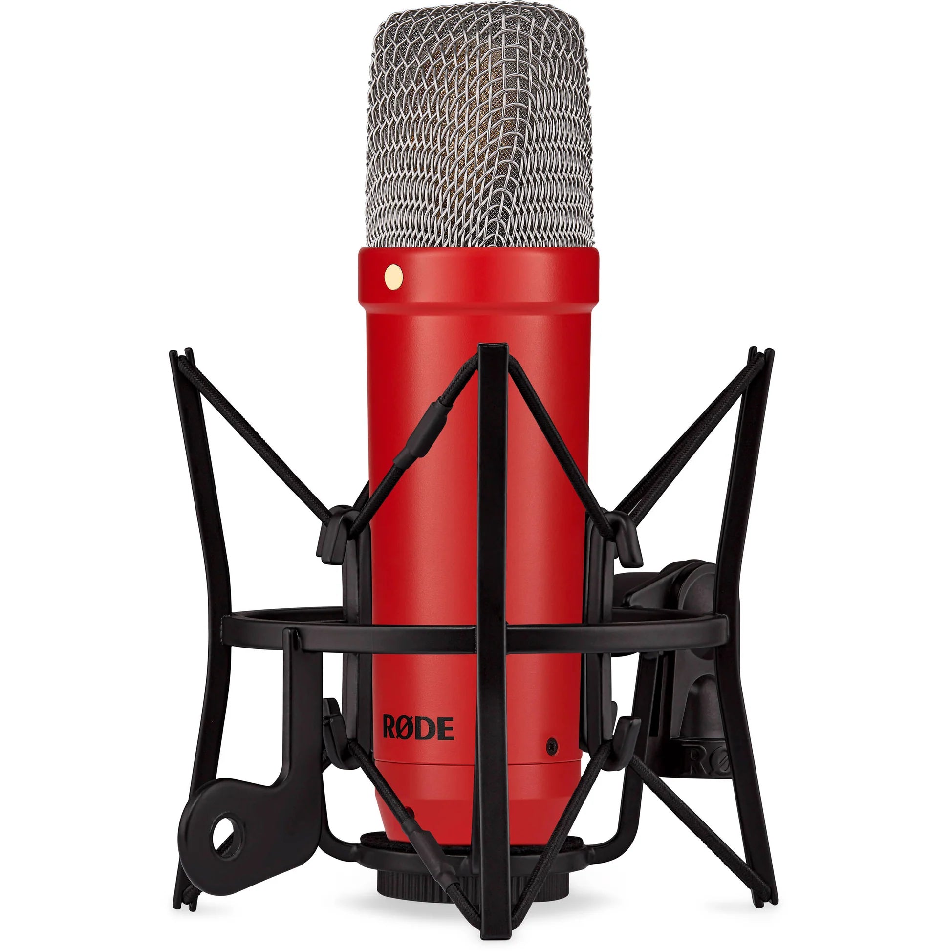 Rode NT1 Signature Series condenser microphone with black finish and shock mount, designed for professional studio recording.