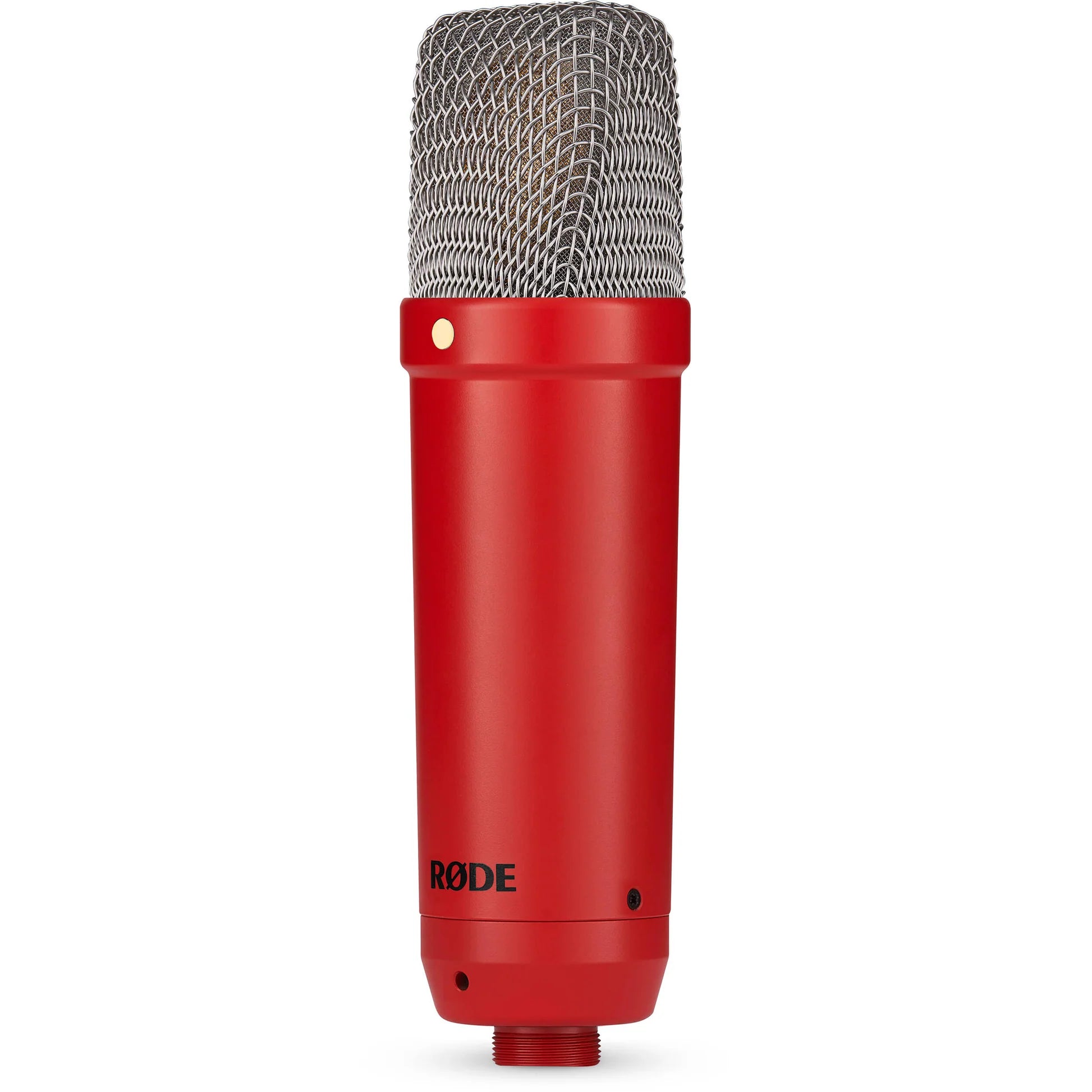Rode NT1 Signature Series condenser microphone with metal body and shock mount, ideal for studio recording and vocals.