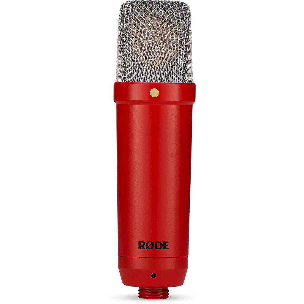 Rode NT1 Signature Series condenser microphone with metal body, cardioid capsule, and professional studio audio equipment.