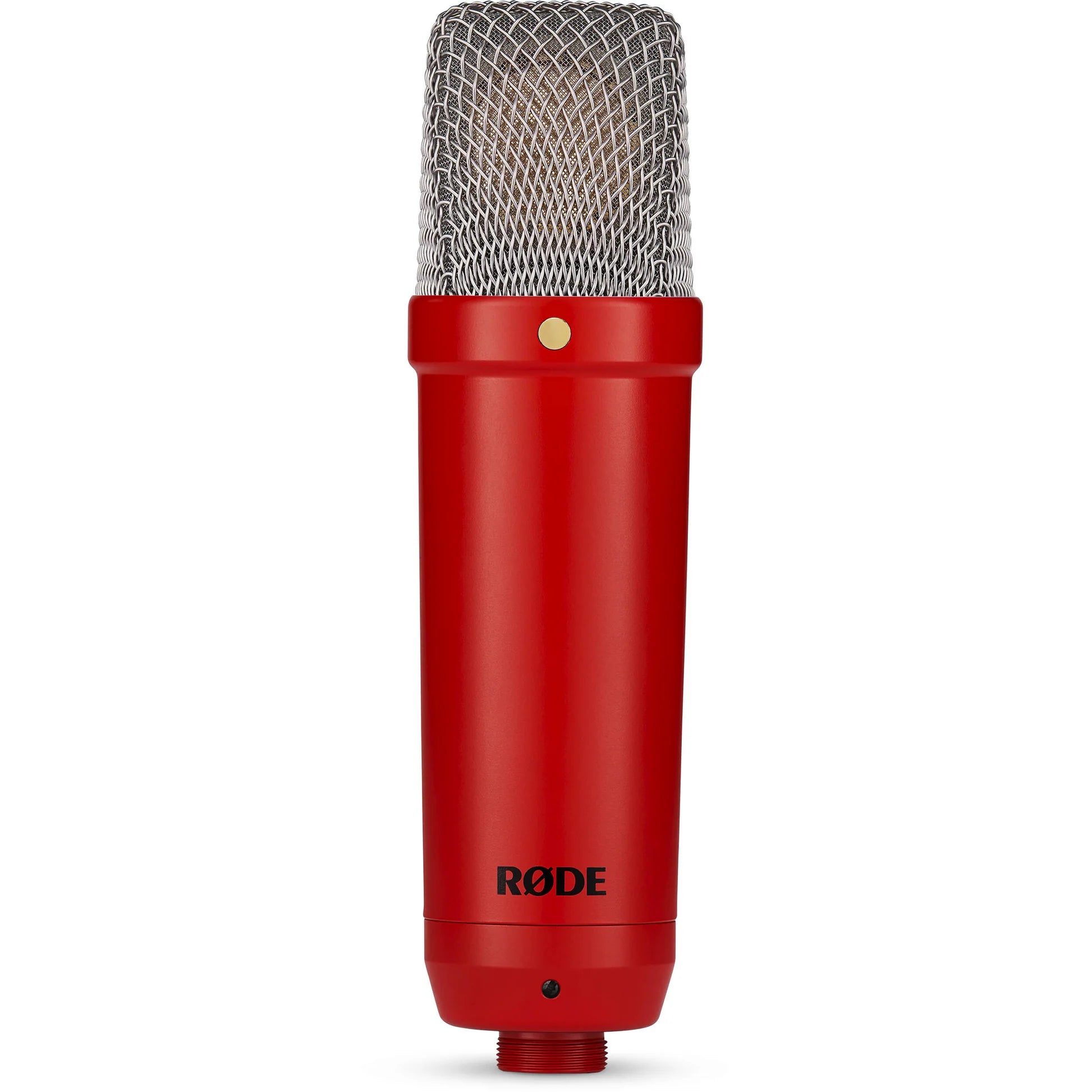 Rode NT1 Signature Series condenser microphone with metal body, cardioid capsule, and professional studio audio equipment.