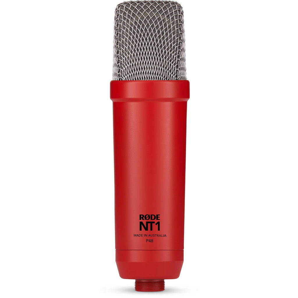 Rode NT1 Signature Series condenser microphone with black finish and metal grille, ideal for professional vocal and studio recording.