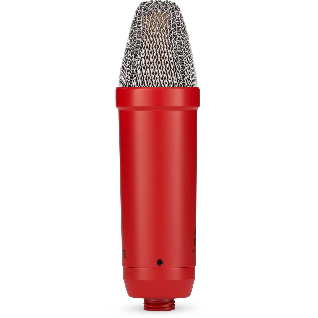 Rode NT1 Signature Series condenser microphone with black body and silver grille, positioned on a stand for studio recording.