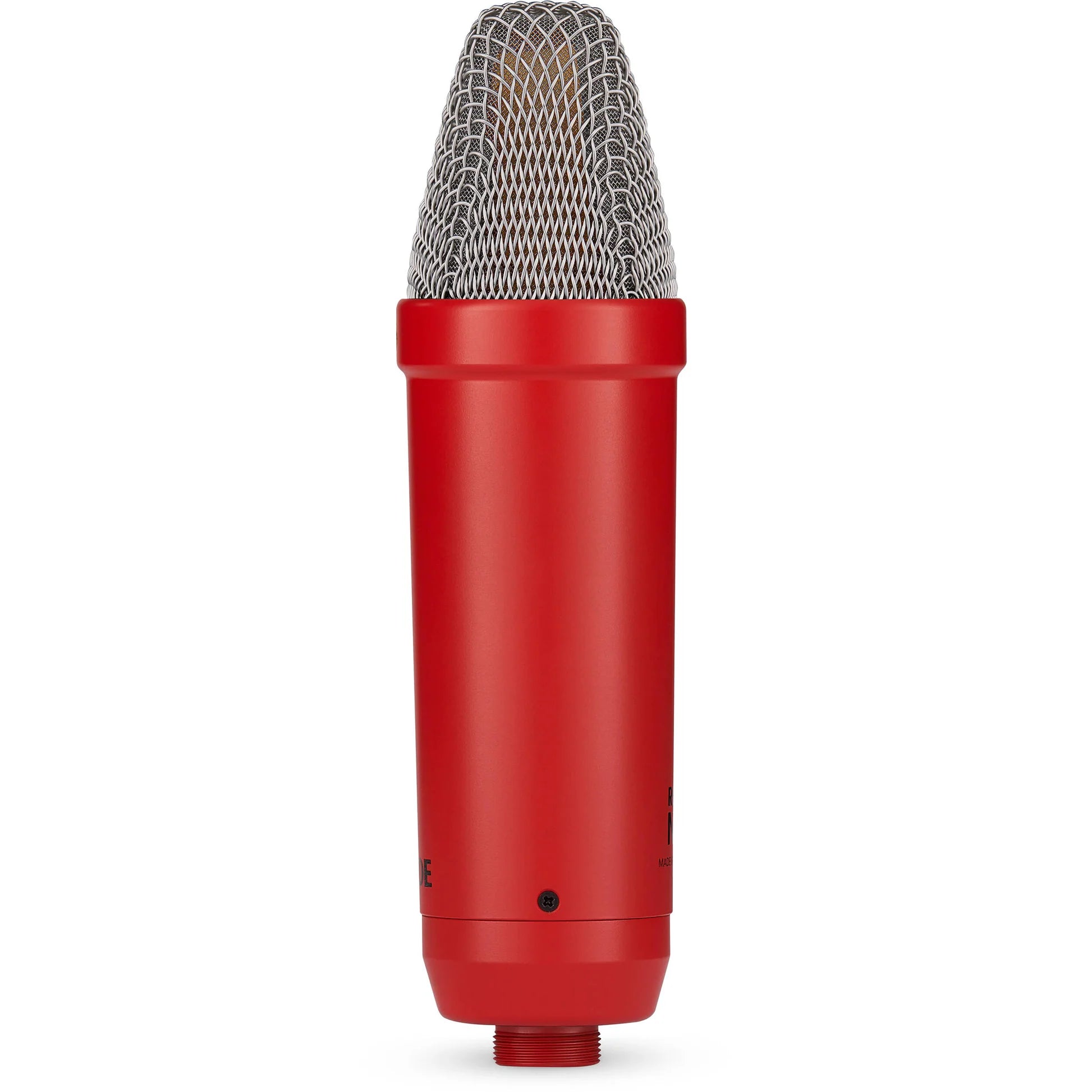 Rode NT1 Signature Series condenser microphone with black body and silver grille, positioned on a stand for studio recording.