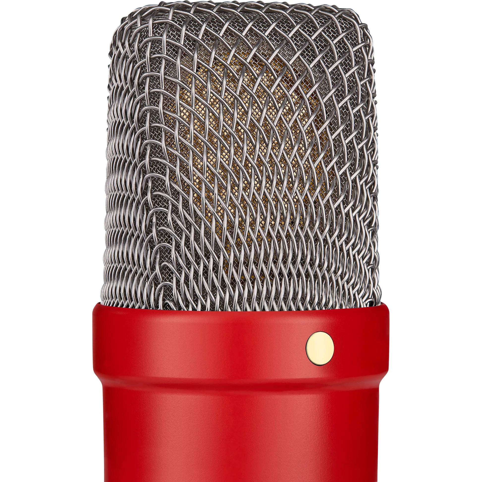 Rode NT1 Signature Series condenser microphone with gold-colored body and black stand against a neutral background.