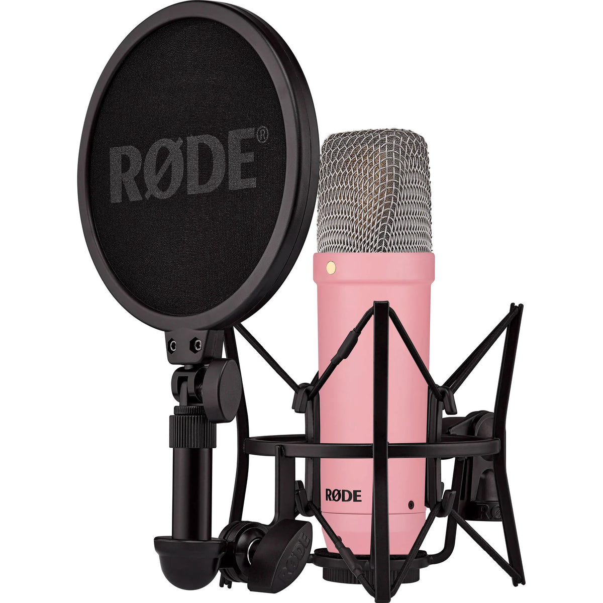 Rode NT1 Signature Series condenser microphone with a sleek silver body and shock mount for studio recording.