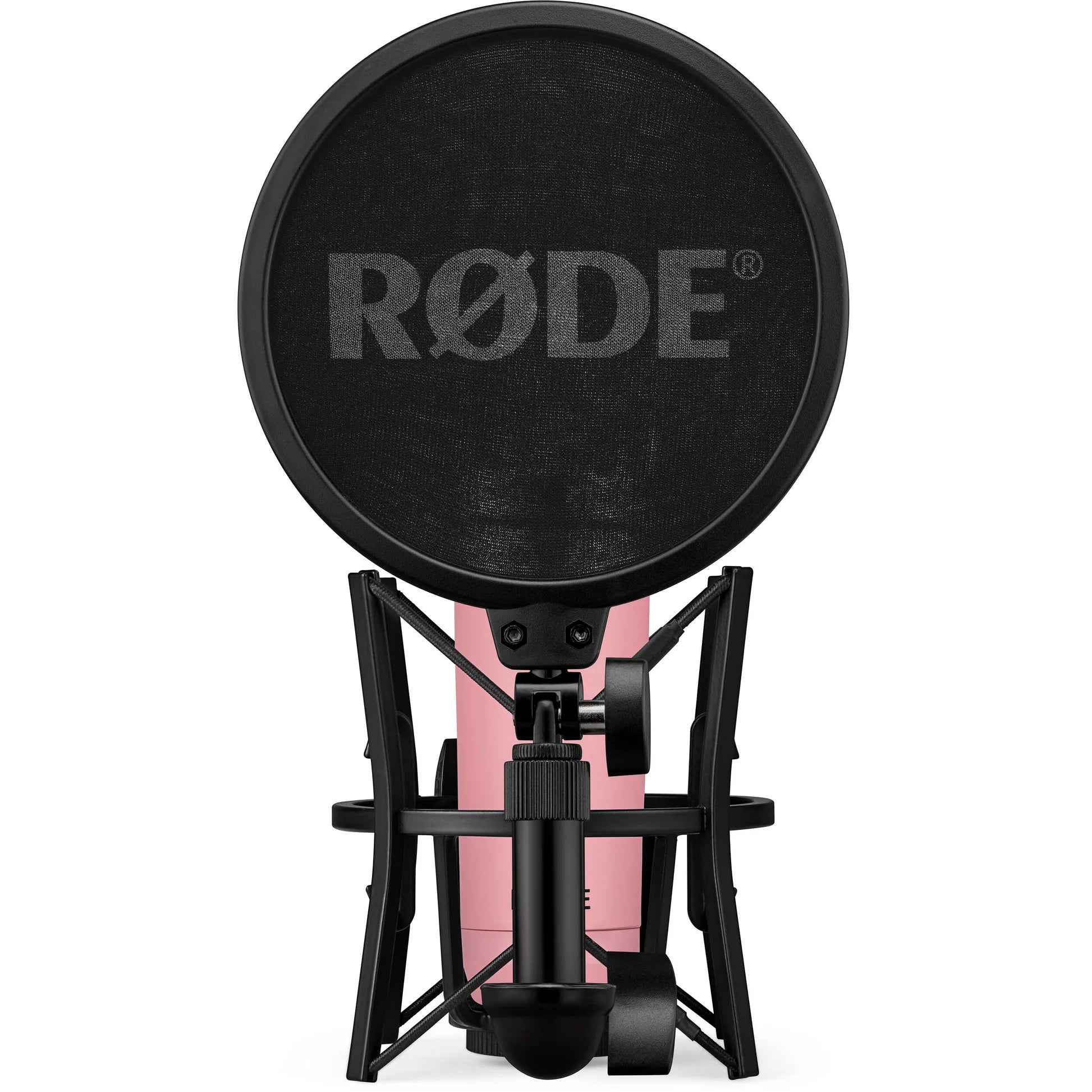 Rode NT1 Signature Series condenser microphone with a sleek black body and gold accents, positioned on a stand for studio recording.