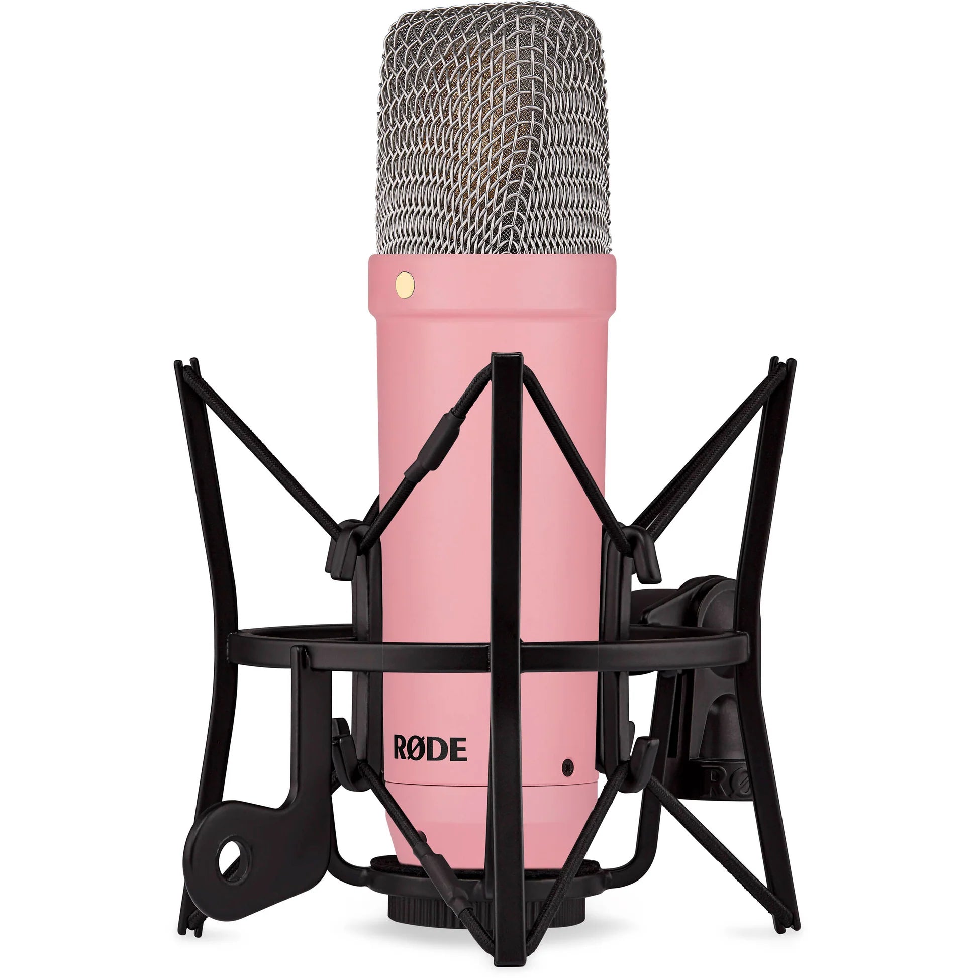 Rode NT1 Signature Series condenser microphone with gold finish and professional recording capsule, positioned on a stand.