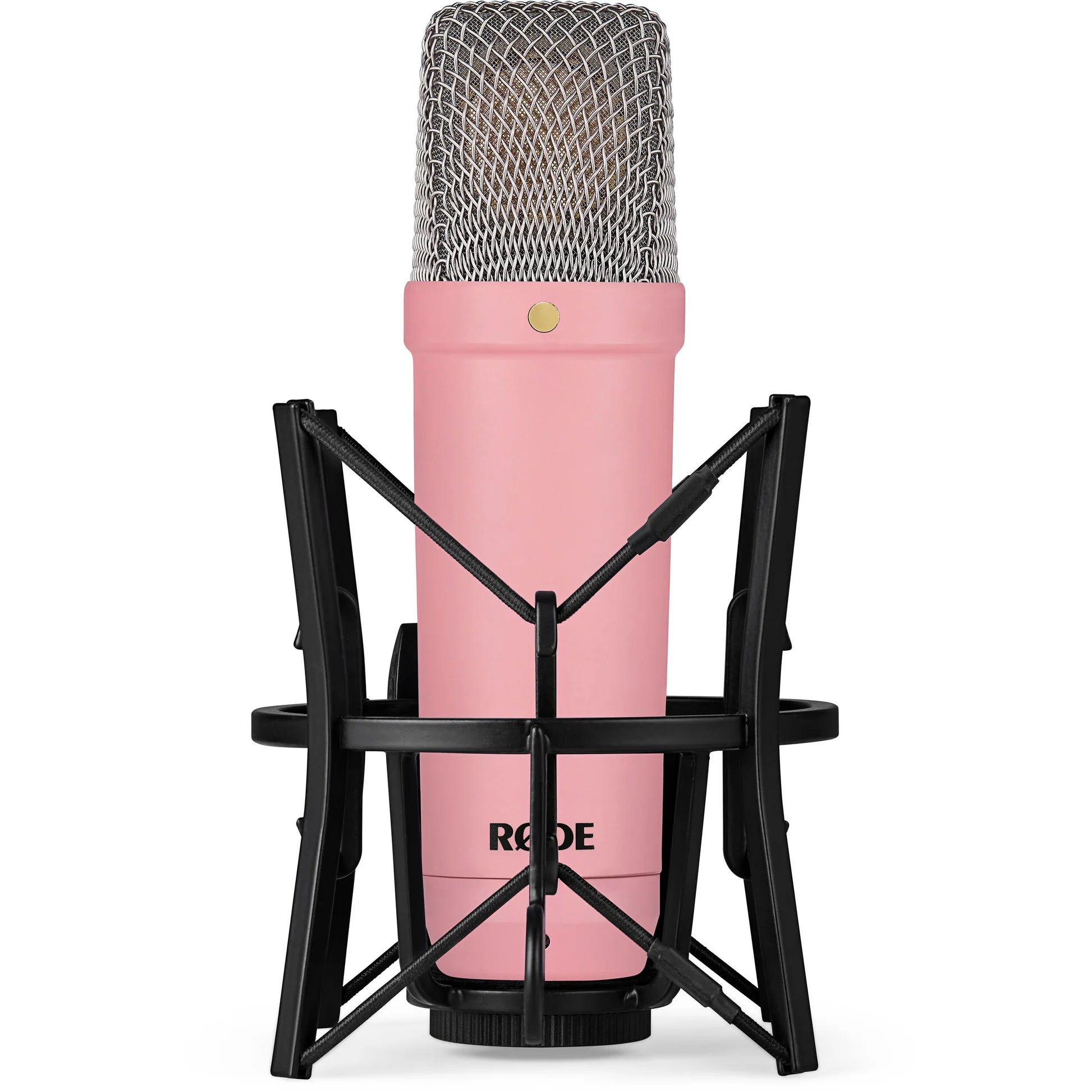 Rode NT1 Signature Series condenser microphone with black body and gold accents, positioned on a stand for studio recording.