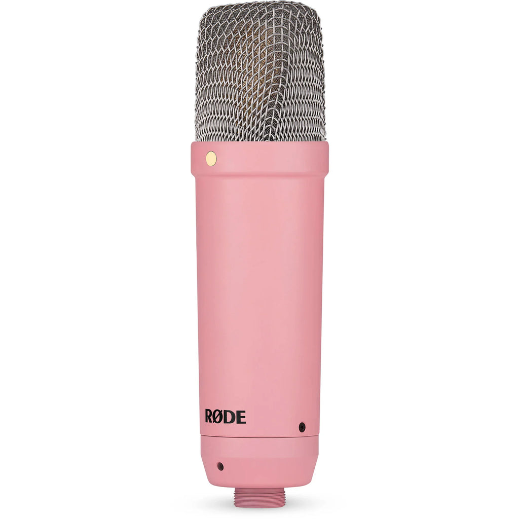 Rode NT1 Signature Series condenser microphone with black body and silver grille, positioned on a stand for professional audio recording.