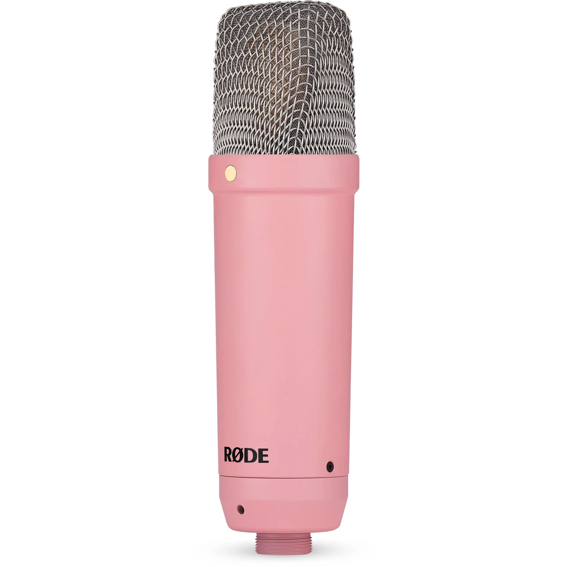 Rode NT1 Signature Series condenser microphone with black body and silver grille, positioned on a stand for professional audio recording.