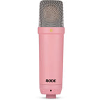 Rode NT1 Signature Series condenser microphone with cardioid capsule and professional audio equipment for studio recording.