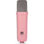 Rode NT1 Signature Series condenser microphone with black body and silver grille, positioned on a stand for vocal recording.