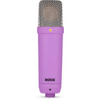 Rode NT1 Signature Series condenser microphone with black finish and gold accents, detailed close-up shot for studio recording setup