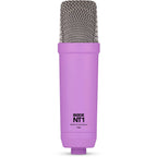 Rode NT1 Signature Series condenser microphone with gold finish and shock mount for studio recording and vocal capture.