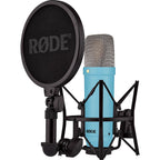 Rode NT1 Signature Series condenser microphone with a sleek black body, mounted on a stand, ready for studio recording.