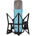 Rode NT1 Signature Series condenser microphone with silver finish and shock mount for studio recording and vocals.