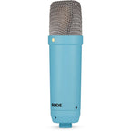 Rode NT1 Signature Series condenser microphone with silver finish, shown on a stand with a black shock mount and grille.