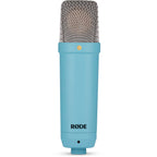 Rode NT1 Signature Series condenser microphone with black body and metal grille for professional studio recording.