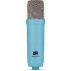 Rode NT1 Signature Series condenser microphone with sleek black body and metal grille for studio recording and vocals