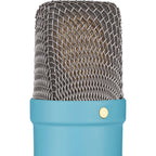 Rode NT1 Signature Series condenser microphone with black body and silver grille, positioned on a stand for studio recording.