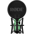 Rode NT1 Signature Series condenser microphone with a sleek black finish and shock mount for studio recording.