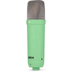Rode NT1 Signature Series condenser microphone with silver finish and shock mount, designed for studio recording and vocals.