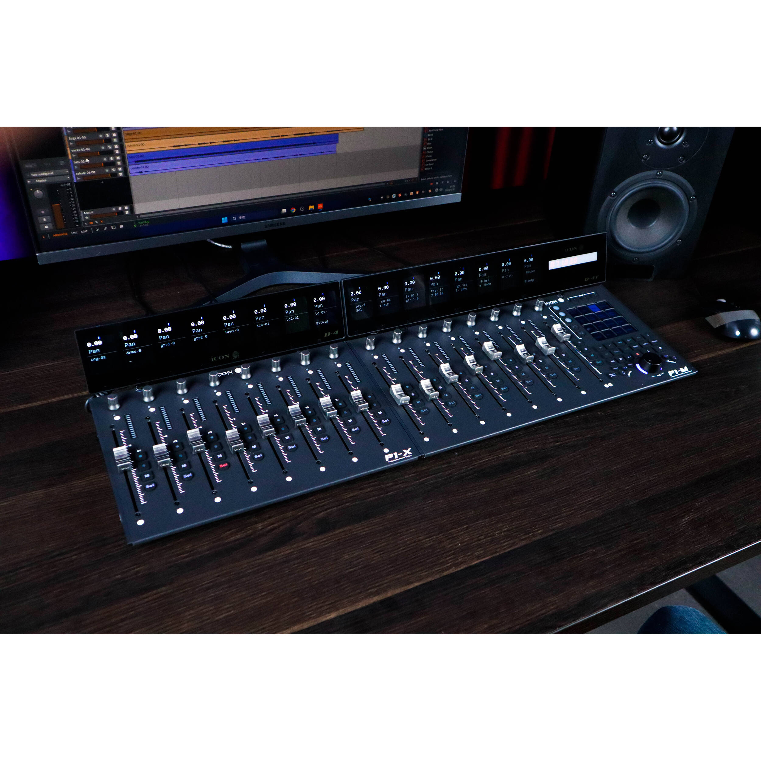 iCon P1-M DAW controller with knobs and faders for music production, showing a sleek, professional design.