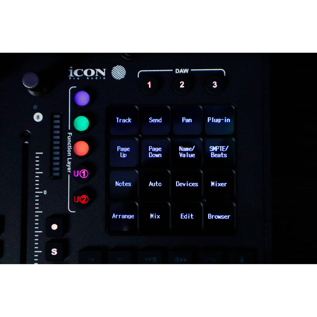 iCon P1-M DAW controller with knobs and faders for music production and mixing.