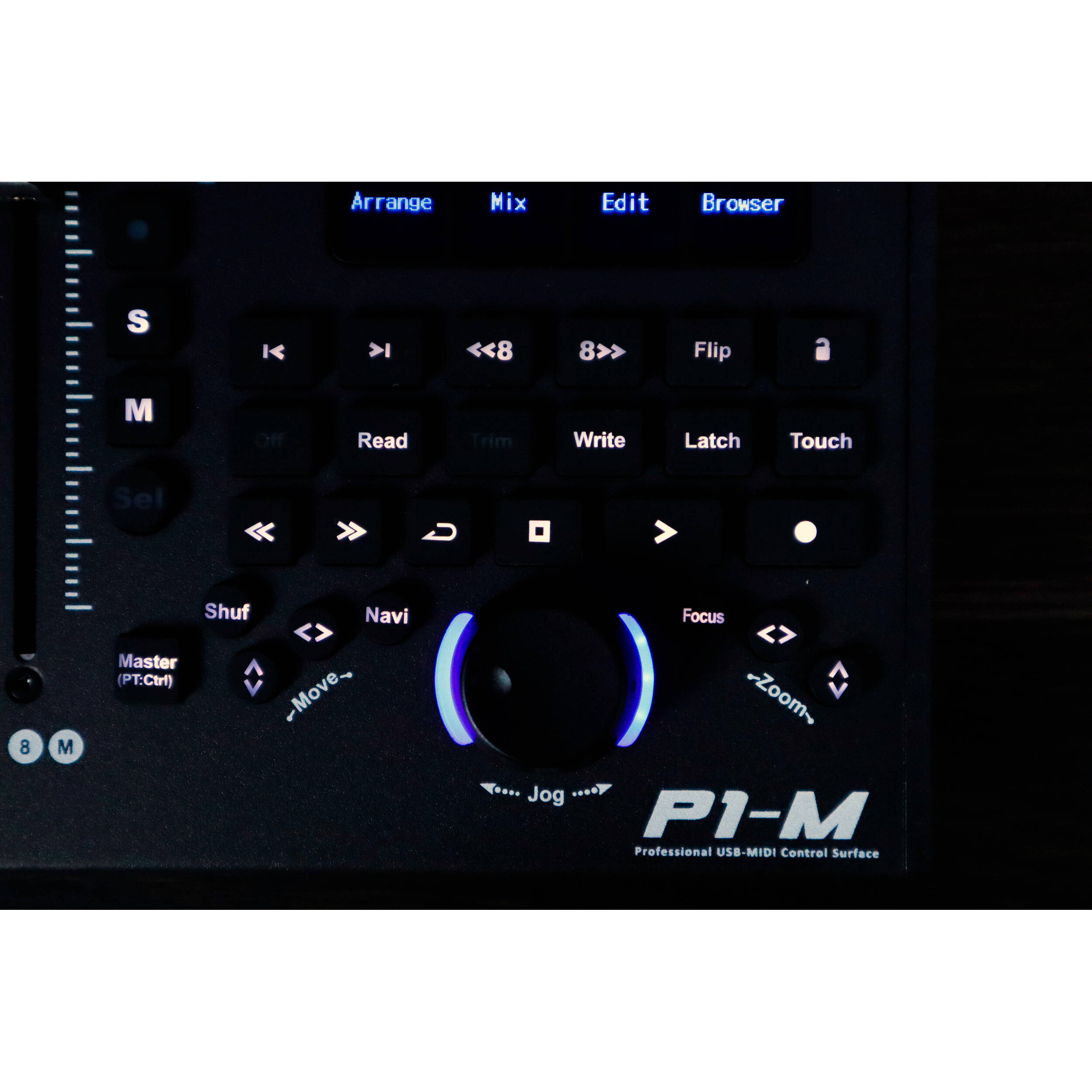 iCon P1-M DAW controller with various knobs and faders for music production on a professional audio workstation.