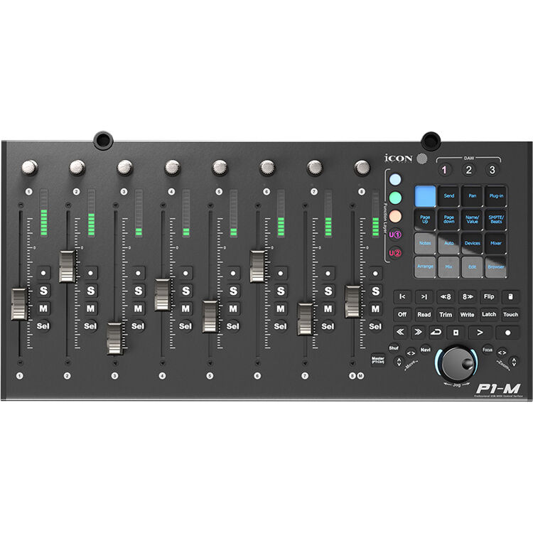 iCon P1-M DAW controller with multiple knobs and faders, used for music production and digital audio workstation control.