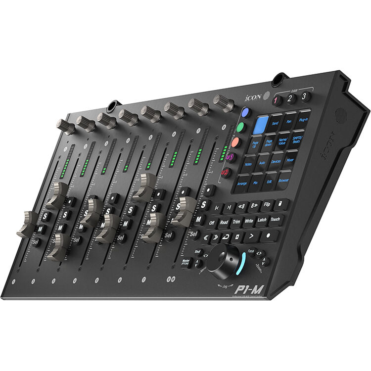 iCon P1-M DAW controller with multiple knobs and faders for music production and mixing.