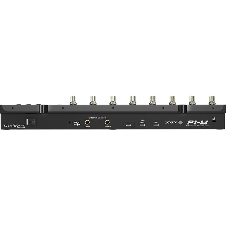 iCon P1-M DAW controller with jog wheel and multiple control knobs for music production and audio editing.