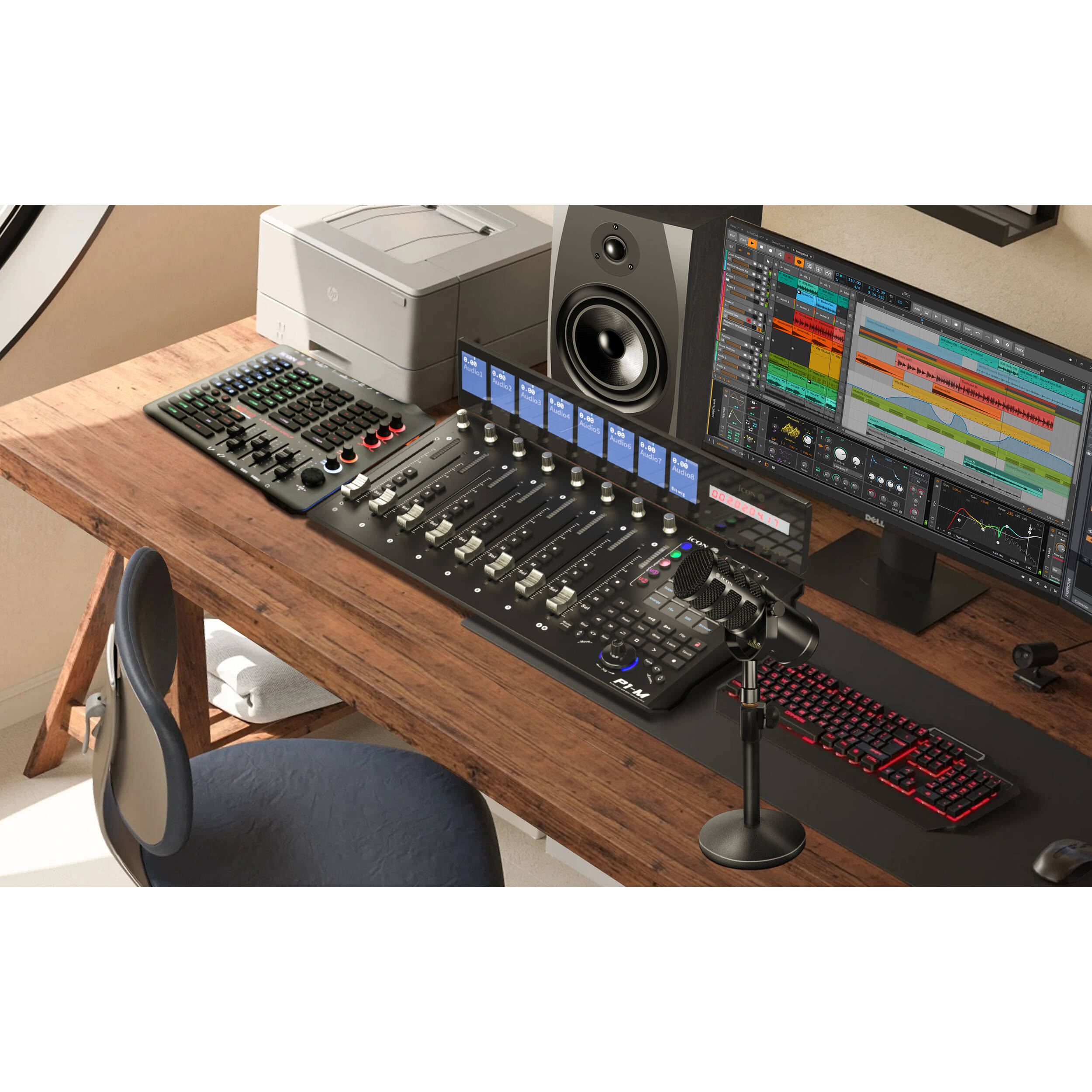 iCon P1-M DAW controller with knobs and faders for music production and digital audio workstation setup.
