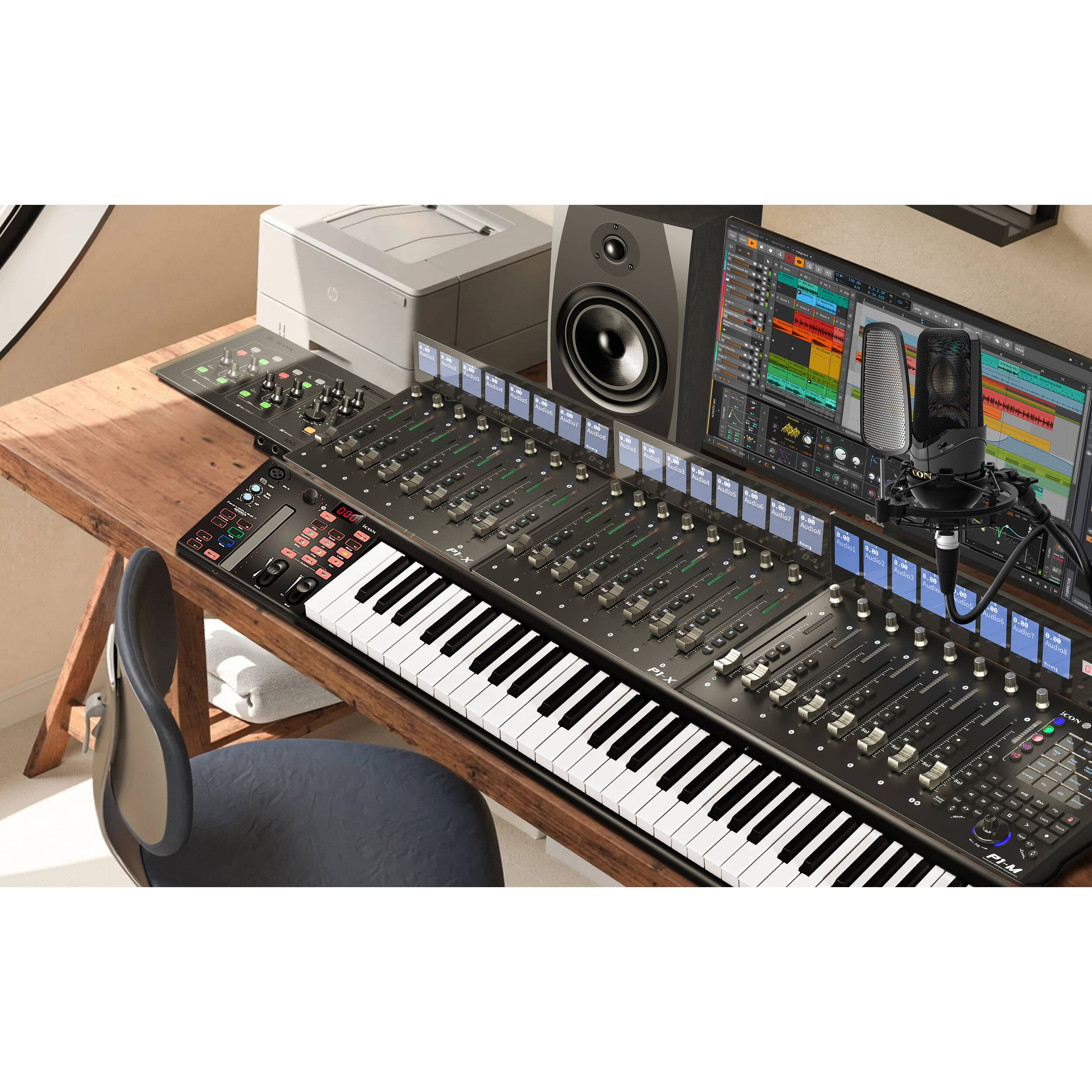 iCon P1-M DAW controller with professional knobs and faders for music production and audio mixing.