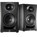 Kali Audio LP-UNF active nearfield monitors with sleek black cabinets and front-facing controls on a studio setup.