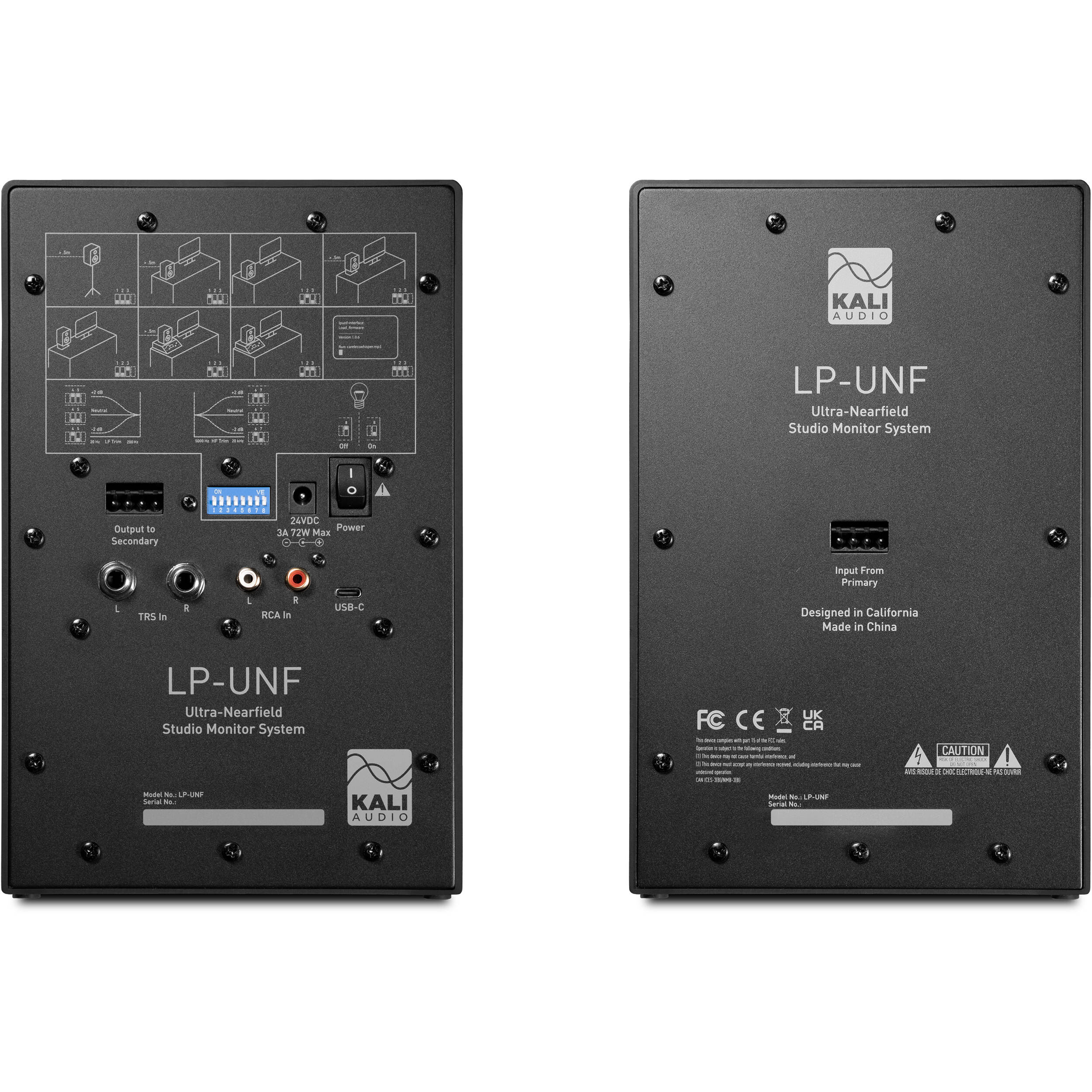 Kali Audio LP-UNF active nearfield monitors shown on a desk with audio cables and control knobs, designed for studio audio monitoring.