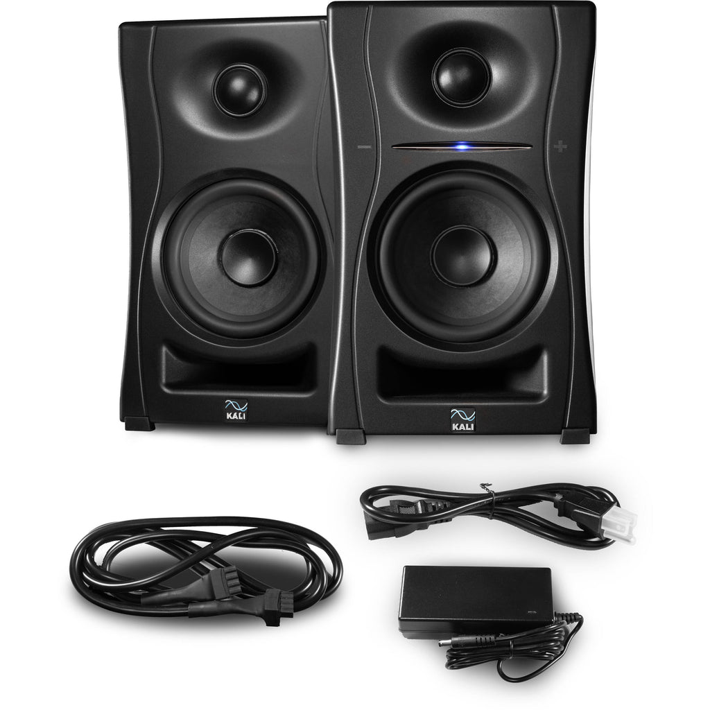 Kali Audio LP-UNF active nearfield monitors shown with sleek black finish and compact design for studio audio monitoring.