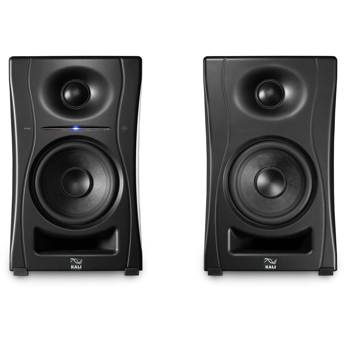 Kali Audio LP-UNF active nearfield monitors with sleek black speaker cabinets and adjustable knobs on the front panel.