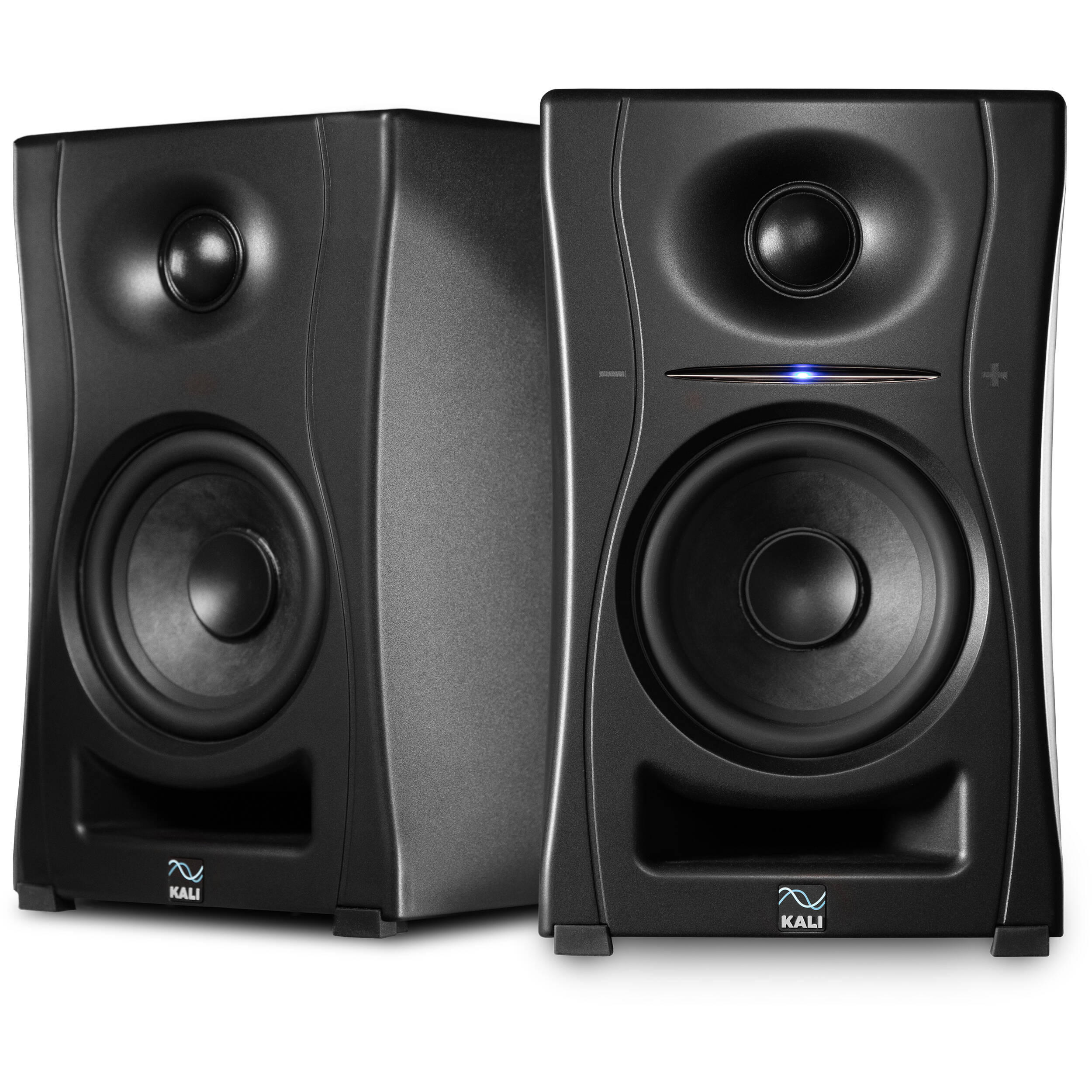 Kali Audio LP-UNF active nearfield monitors with black enclosures and detailed speaker drivers for studio audio monitoring.