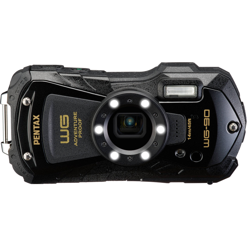 Ricoh Pentax WG-90 compact camera with rugged design, showing front view with lens and control buttons for outdoor photography.