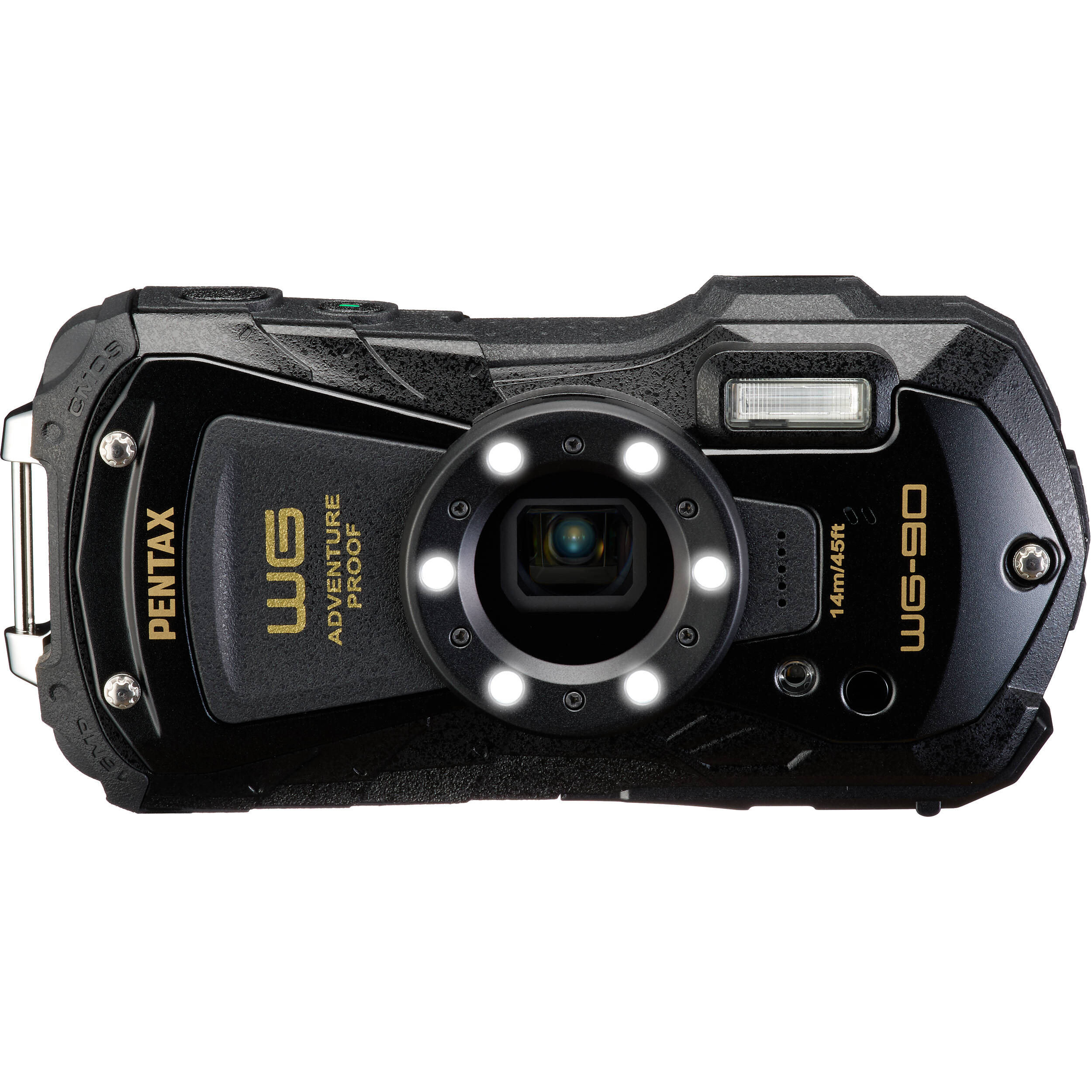 Ricoh Pentax WG-90 compact camera with rugged design, showing front view with lens and control buttons for outdoor photography.