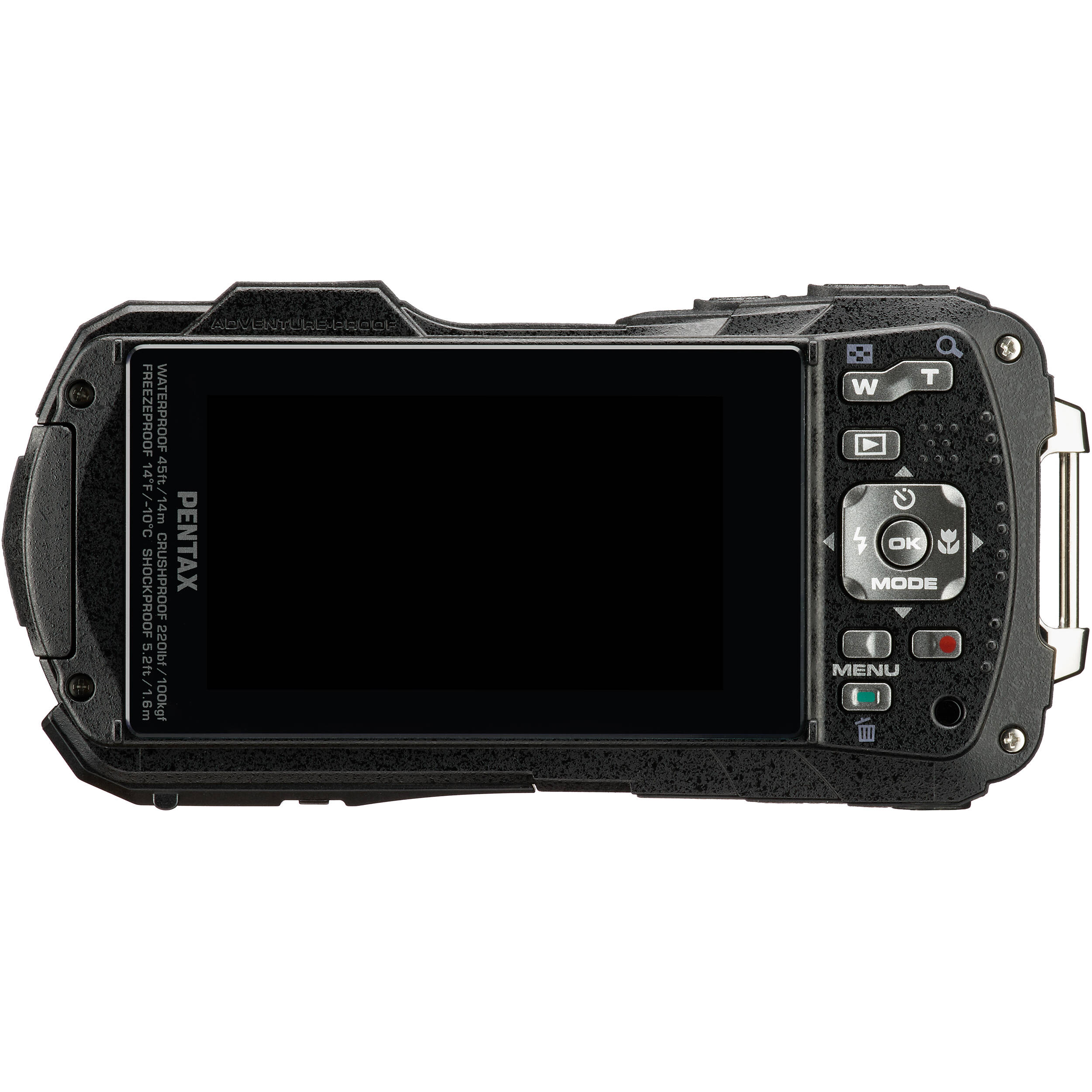 Ricoh Pentax WG-90 compact camera with rugged design and 16 MP sensor, suitable for outdoor photography and underwater adventures.