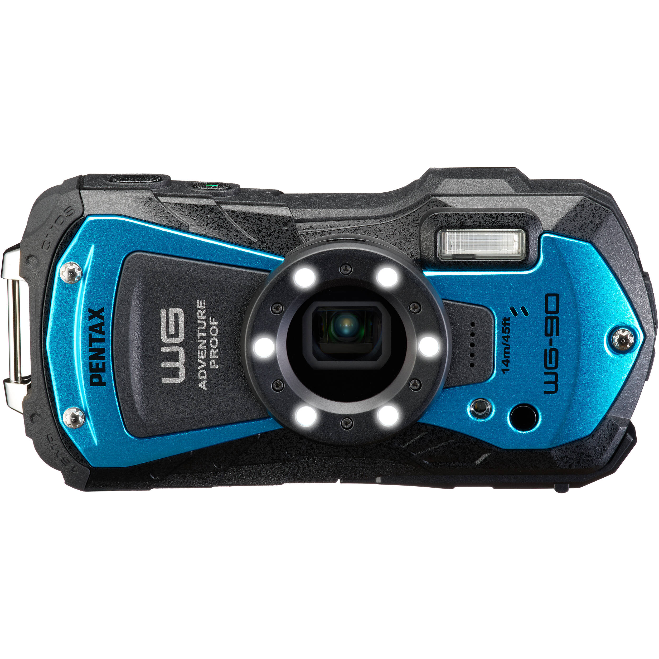 Ricoh Pentax WG-90 compact camera with rugged design, showing front view with lens extended and textured grip for outdoor photography