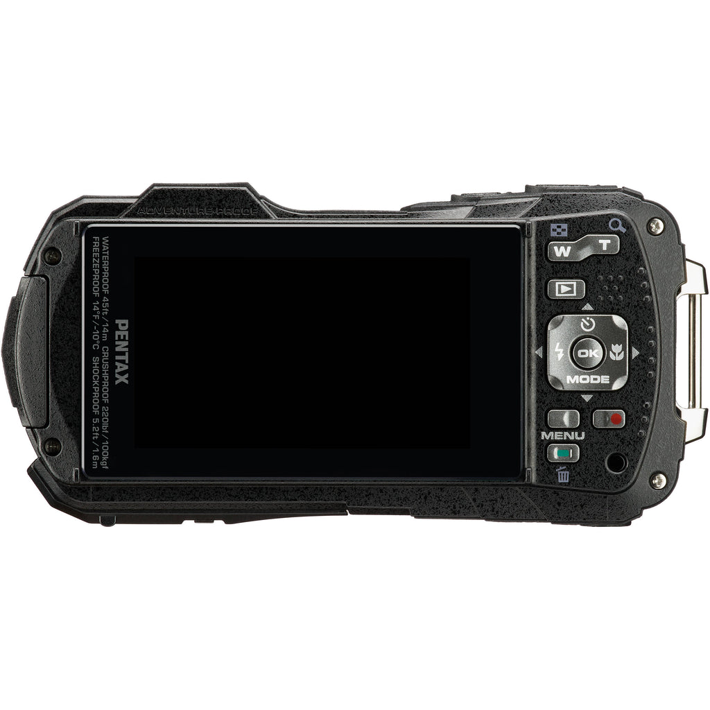 Ricoh Pentax WG-90 compact digital camera with rugged design, lens, and buttons visible in a close-up image.